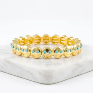14K Gold Plated Zinc Alloy Beaded Bohemian Geometric Smile Face Bracelets With Crystals