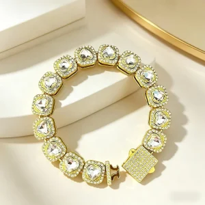 14K Gold Plated Zinc Alloy Hiphop Heart Crystal Halo Charm Tennis Bracelet Iced Out Rhinestone Link for Women Fashion Jewelry