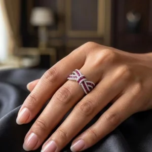 14K Gold Red White Lab Grown Diamond Bow Design Pave Set Chic Elegant Fashion Statement Ring for Women