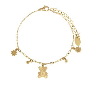 14K PVD Gold Plated Stainless Steel Bracelet Bear Flower Pendant Fashion Jewelry for Women Gift Waterproof