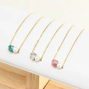 14K PVD Gold Plated Stainless Steel Necklace Color Zircon Fresh Water Pearl Fashion Jewelry For Women Hypoallergenic