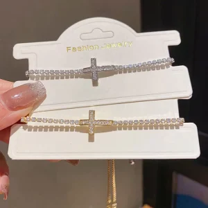 14K Real Gold Plated CZ Tennis Chain Bracelet, Shiny Rhinestone Cross Bracelets, Religious Jewelry for Women