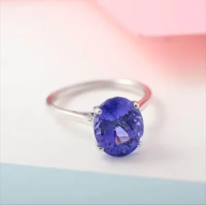 14K White Gold Oval Cut Blue Lab Grown Diamond Solitaire Claw Setting Statement Fashion Ring Daily for Her