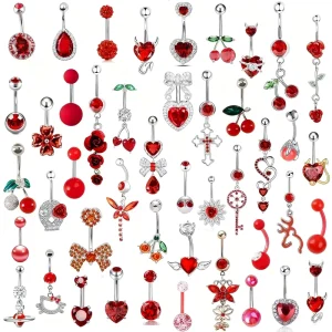 14g Stainless Steel Red Punk Belly Ring Women Heart Cherry Rose Zircon Dangle Navel Piercing Jewelry