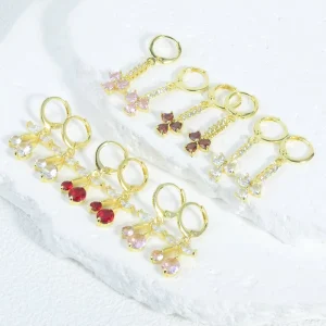 14k Sweetheart Cherry Zircon Earrings Sparkling Clover Pendant Earrings Fashionable Lucky Accessories for Daily Occasions