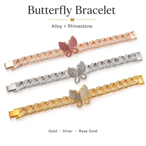 15mm Hiphop Butterfly Cuban Link Bracelet Anklet in Silver Rose Gold Plated Iced Out Jewelry for Online Boutique Shops