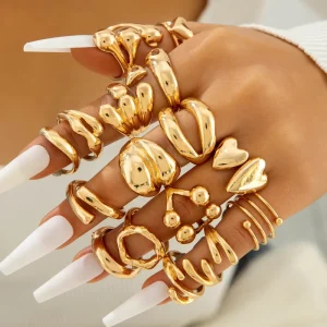16 Pcs Set Fashion Finger Rings Jewelry Personality Exaggerated Gold Electroplated Love Heart Opening Adjustable Ring Set