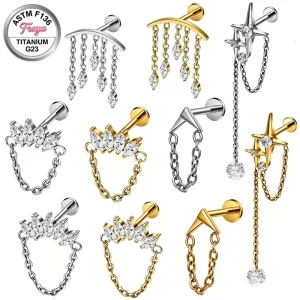 16G ASTM F136 Titanium Zircon Flat Back Dangle Chain Earrings Body Piercing Jewelry G23 Ear Pendant Helix Stud Lip Ring Labret