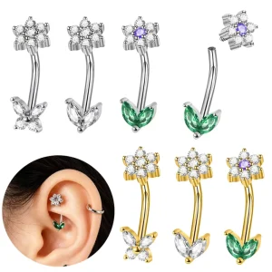 16G Eyebrow Piercing Jewelry Flower Stainless Steel Tragus Rook Earrings for Women Bar Helix Piercing Jewelry Lip Rings
