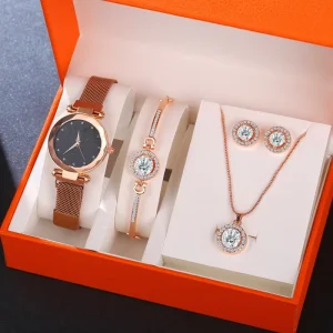 17KM Luxury Women Watches Crystal Bracelet Stud Earring Necklace Set Ladies Watch Casual Quartz Wristwatch Set