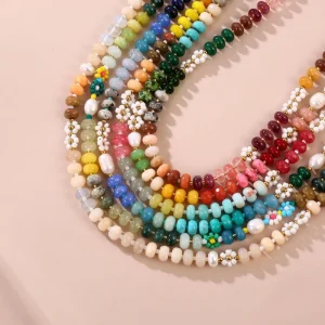 18K GP Stainless Steel Necklace, Women’s Handmade Beaded Jewelry with Colored Stones