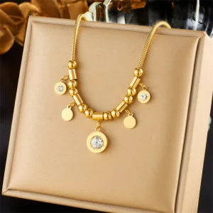 18K Gilded Roman Turquoise Zircon Pendant Stainless Steel Necklace for Women Without Fading New Trend Choker Chain Jewelry Gift