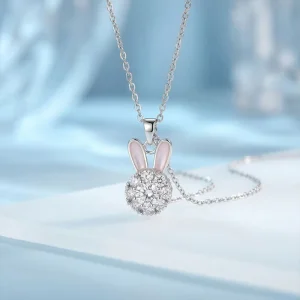 18K Gold Bunny Rabbit Necklace Pave Lab Grown Diamond Enamel Ears Fashion Jewelry for Girls Gift