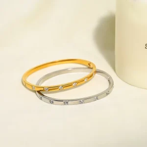 18K Gold Coated Stainless Steel Square White Cubic Zircon Cuff Bangle Minimalist Fashion Bracelets Girls