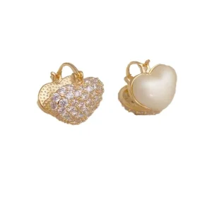 18K Gold Color Plated Fashion Heart Fashion Jewelry Pendants Double Side Rhinestone Pearl Women Earrings