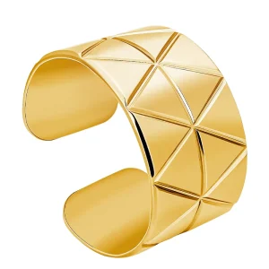 18K Gold Color Plated Fashion Open Bangle Stainless Steel Rhombus Cut Pattern Wide Cuff Bracelet Women’s Jewelry