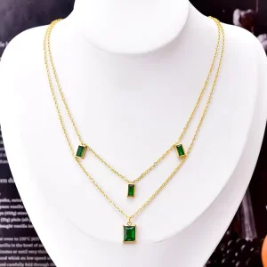 18K Gold Colorfast Titanium Steel Green Square Zircon Pendant Double Layer Necklace
