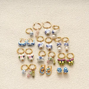 18K Gold Colors Enamel Floral Pattern Blue and White Porcelain Pendant Earring Stainless Steel Hoop Pearl Earring China Jewelry