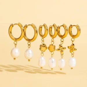 18K Gold Flower Clover Charm Dangle Drop Dainty Bridal Boho Jewelry Women Gift Natural Freshwater Pearl Huggie Hoop Earrings Lady