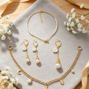 18K Gold Jewelry Set Trendy Rhodium Plated Bar Choker Daisy Earrings Cross Moon Charm Chain Adjustable Elegant Wedding Party