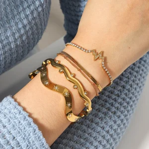 18K Gold Layered Zircon Charm Bracelet Tarnish Free Stainless Steel Stackable Bracelet Bangle Jewelry