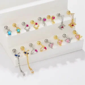 18K Gold Mini Bow Design Stainless Steel Cartilage Piercing Earrings Colorful Zircon Stud Jewelry Body Piercing