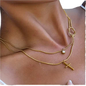 18K Gold PVD Plated 316 Stainless Steel Layered Snake Chain Necklace Double Layer Choker Necklaces for Women Waterproof Jewelry