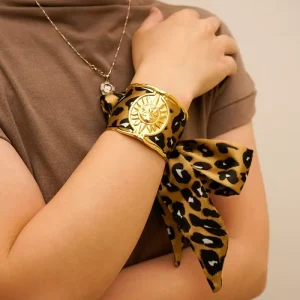 18K Gold PVD Plated Polished Creative Stainless Steel Metal Sun Cuff Fashion Wide Bracelet Bangle Statement Jewelry
