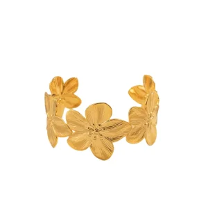 18K Gold PVD Plated Stainless Steel Hammer Flower Cuff Bangle Fashion Jewelry Gift for Statement Bracelets