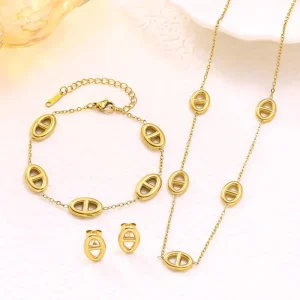 18K Gold PVD Plated Stainless Steel Pig Nose Jewelry Set Tarnish Free Waterproof Chain Link Necklace Bracelet Earrings 3PCS Set