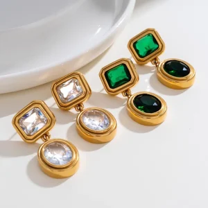 18K Gold PVD Plating Square Oval Green White Crystal CZ Fashion Drop Earrings for Women Anti Tarnish Stainless Steel Jewelry