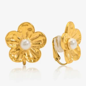 18K Gold PVD Stainless Steel Flower Pearl Clip on Earrings for Women Unisex Trendy Non Tarnish Waterproof Hypoallergenic Party