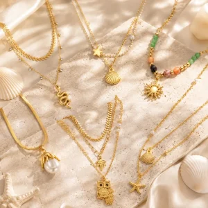 18K Gold PVD Stainless Steel Ocean Charm Necklace Set Shell Starfish Pearl Snake Layered Waterproof Jewelry for Women