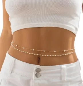 18K Gold Pearl Butterfly Double Waist Chain Vintage Fashion Jewelry Women’s Sexy Belt Belly Waist Chain Party Wedding