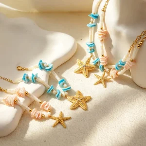 18K Gold Pink Shell Pendant Beaded Bracelets for Women Bohemian Stainless Steel Link Animal Pattern Starfish Charm Ocean Beach