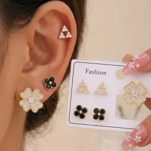 18K Gold Plated 3 Pairs Stud Earrings Set Micro Pave CZ Triangle Black Onyx Four Leaf Clover Studs for Women
