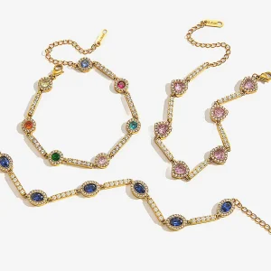 18K Gold Plated 304L Stainless Steel Women’s Heart Tennis Bracelet Oval Cut Colorful Zirconia Waterproof Tarnish Free