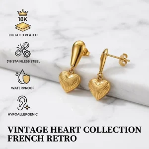 18K Gold Plated 316 Stainless Steel Heart Dangle Earrings for Daily Wear French Retro Textured Ganku