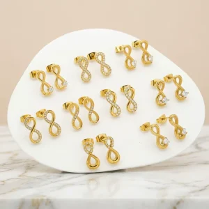 18K Gold Plated 316L Stainless Steel Infinity Stud Earrings for Women Iced Out CZ Jewelry Set Tarnish Free Waterproof