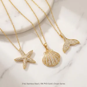 18K Gold Plated 316L Stainless Steel Ocean CZ Starfish Shell Mermaid Tail Pendant Necklace Women Jewelry OEM