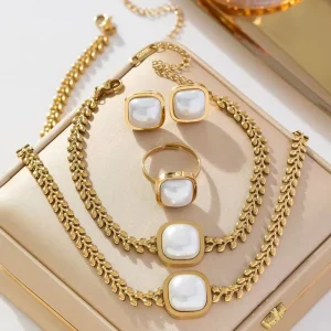 18K Gold Plated 316L Stainless Steel Pearl Jewelry Sets 4PCS Square Fashionable Waterproof for Women for Wedding & Party