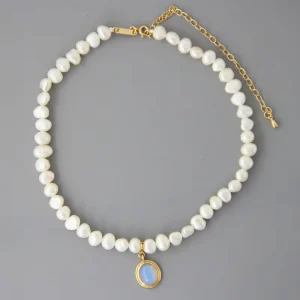 18K Gold Plated 925 Sterling Silver Round Moonlight Stone Natural Baroque Irregular Pearl Choker Necklaces for Women