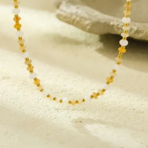 18K Gold Plated Beaded Link Chain Necklace with Small Pearl Beaded Choker Waterproof