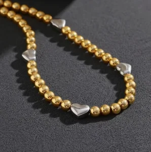 18K Gold Plated Beaded Necklace Stainless Steel Chains Dual Tone Heart Imitation Pearl Fashionable Children’s Anniversary