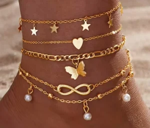 18K Gold Plated Boho Multi Layer Anklet Fishbone Chain Heart Shaped Cuban Design for Beach Fashion Alloy