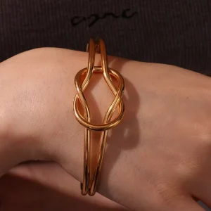 18K Gold Plated Bold Stainless Steel Open Bangle Minimalist Knotted Cuff Bracelet Trendy Fashion Statement Certified Jewelry