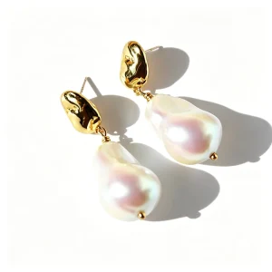 18K Gold Plated Brass Baroque Pearl Drop Earrings Elegant Irregular Rainbow Shell Pearl Dangle Earrings for Women