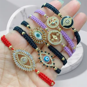 18K Gold Plated Brass Boho Chic Braided Cord Evil Eyes Bracelet for Summer Music Festival Tarnish Resistant Non Fading