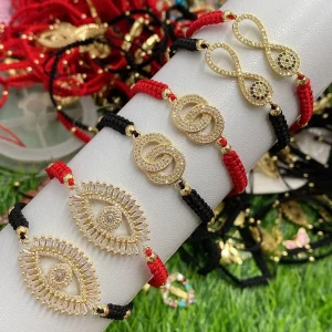 18K Gold Plated Brass Boho Chic Braided Cord for Mother Day Gift Tarnish Resistant High Shine Micro Pave CZ Evil Eyes Bracelet