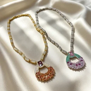 18K Gold Plated Brass Middle Eastern Bride Fashion Full Set Colorful Zirconia Pendant Necklace Women Wedding Gift